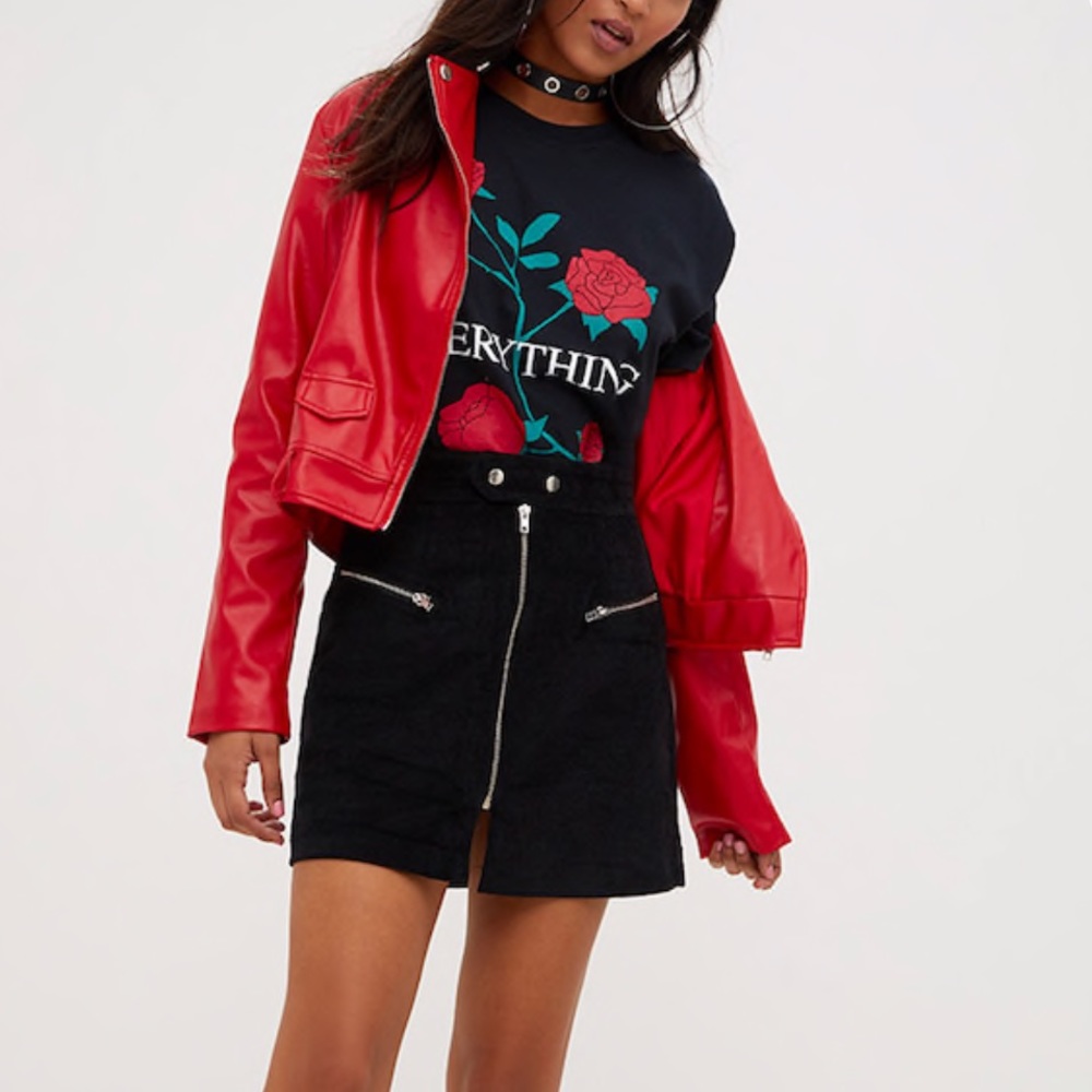 NWT PrettyLittleThing Black Zip Up Cord Skirt
